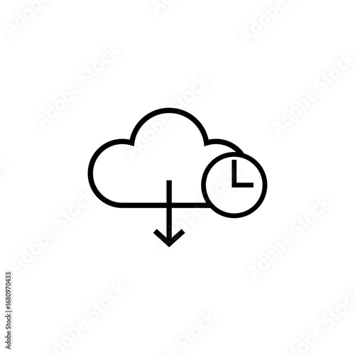 A simple line drawing depicts a cloud with a downward arrow, accompanied by a clock symbol, representing a delayed download.