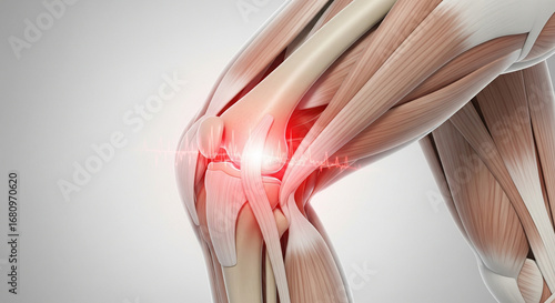Detailed human anatomy of the knee showing ligaments and muscles with a red area highlighting joint pain, arthritis, or inflammation