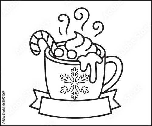 Winter theme coloring page for kids with beautiful hot cocoa mug with whipped cream decorated vector line art illustration for holiday enjoying