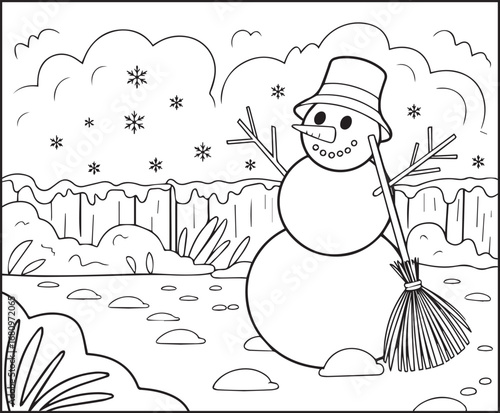 A cute charming snowman wearing bucket hat and holding a broom stands in winter theme beautiful scenery vector line art illustration for kids coloring page