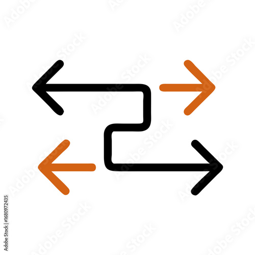 Vector art of arrows pointing in opposite directions with a zigzag path, representing complex choices, navigation, or movement