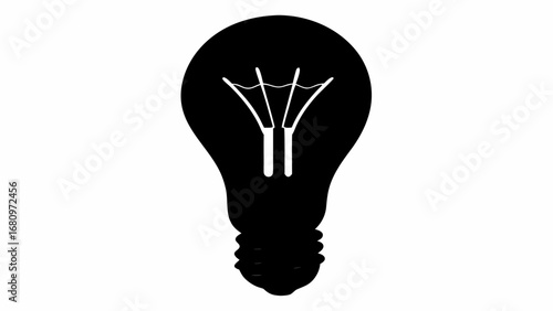 A black and white graphic of a lightbulb with a visible filament inside on a white background space