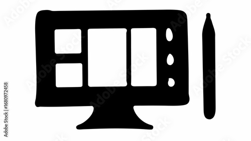 Illustration of a computer screen with multiple windows and a stylus on a white background design