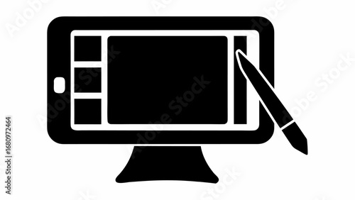 Black graphic tablet with stylus on a stand displaying a user interface with multiple panels and buttons