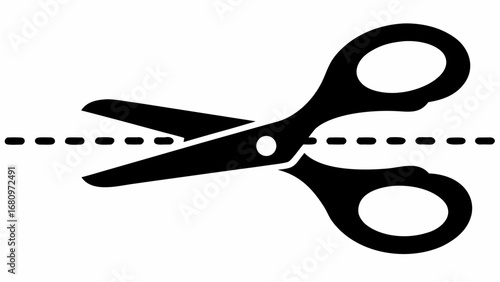 Black scissors cutting along a dotted line, indicating a cut or separation on a white background design