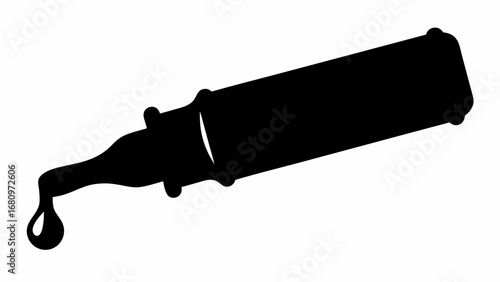 Silhouette of a dropper bottle tilted with a single drop falling isolated on a white background image