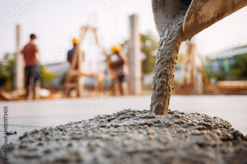 Wylewanie betonu z betoniarki – prace budowlane na placu budowy