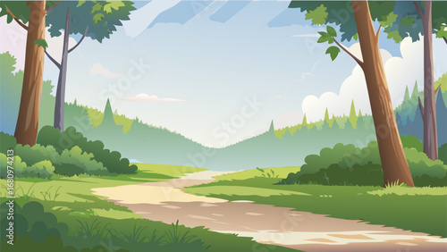 a serene forest path winding through lush green trees