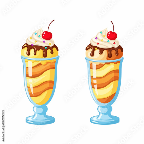 Two classic ice cream sundaes in tall glasses with toppings.