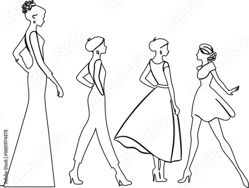 Stylish female outline vectors  in frock and skirt, multiple variations for beauty designs, glamour posters, and fashion branding.