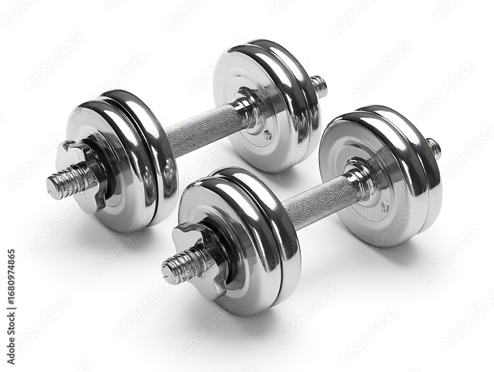 Naklejka premium Dumbbell set with metallic shine isolated on white background for clean and minimalist design use