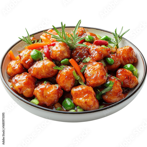 Delicious orange chicken with fresh vegetables served in a bowl perfect for a tasty and healthy meal a culinary delight for food lovers on transparent background