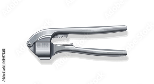 A detailed illustration of a shiny, metallic garlic press utensil on white