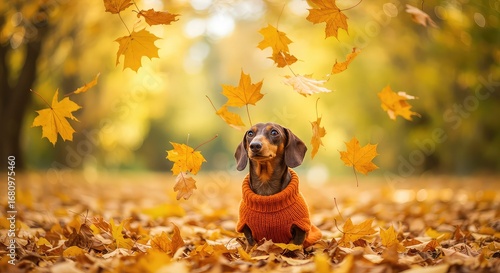 A charming dachshund dog wearing an orange sweater sits amidst falling autumn leaves in a park.