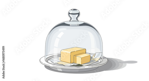 Charming depiction of butter beneath a glass bell jar on a classic plate