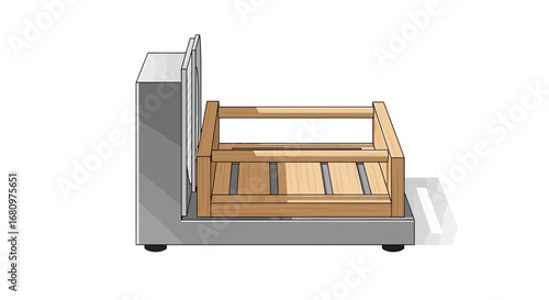 Conceptual design wooden frame mounted on metal structure on white backdrop