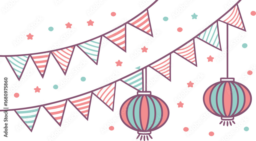 Obraz premium Adobe Illustrator Artwork A vector illustration of festive celebration banners with pendant flags, hanging lanterns, stars, and circles