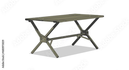 Detailed illustration of a foldable metal table with unique leg design