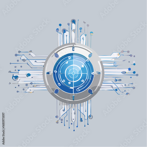 Futuristic digital eye concept representing advanced surveillance technology with a complex targeting system and circuit pathways