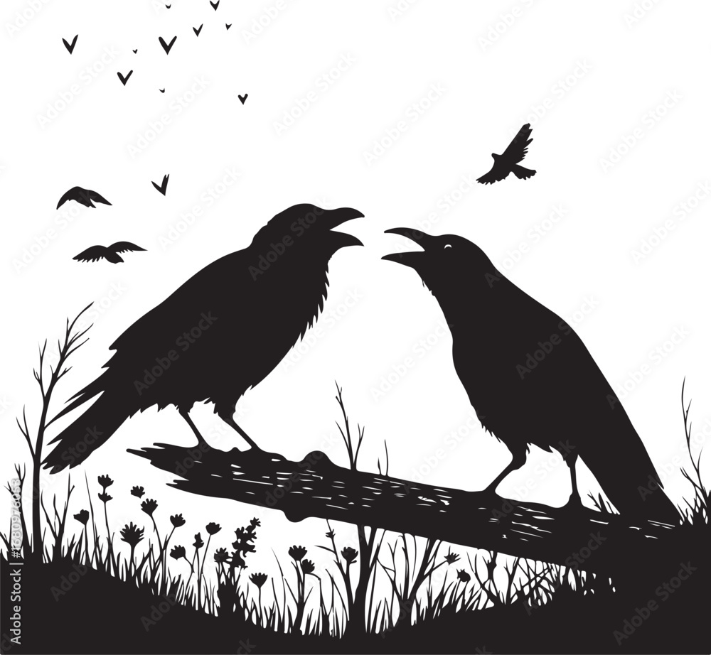 Fototapeta premium Two crows silhouetted on a branch with flying birds
