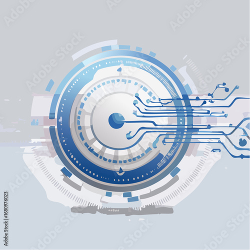 Futuristic digital technology concept featuring a cybernetic eye and integrated circuit board pathways on a light background