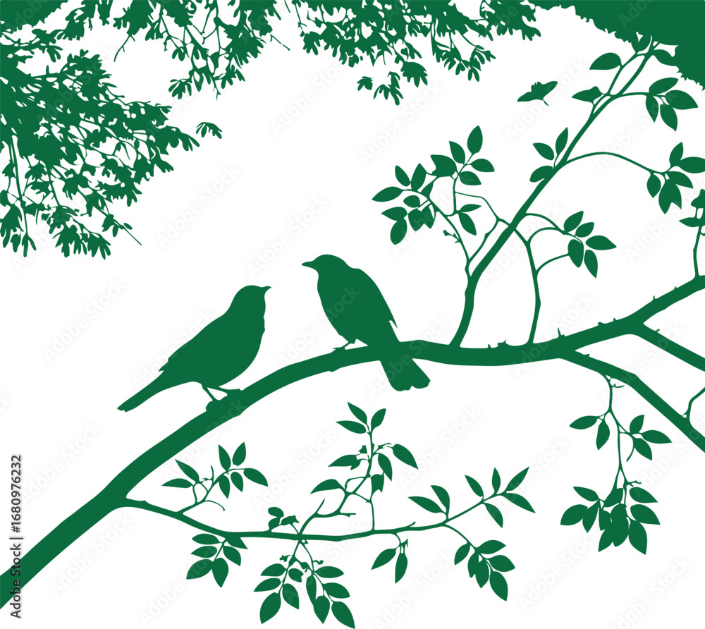 Fototapeta premium Two green silhouette birds perched on a branch tree