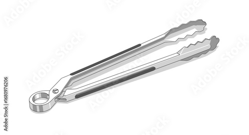 Elevated view of kitchen metal tongs isolated on a clean white space