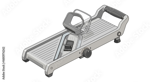 Gray mandoline slicer with adjustable blade and hand guard on white background
