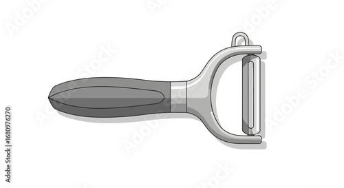 Gray vegetable peeler on a white surface, an essential kitchen tool
