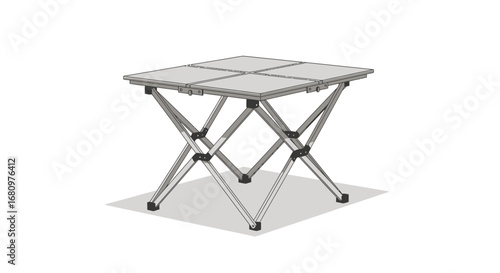 Illustration of a foldable square table with metal frame for versatile use