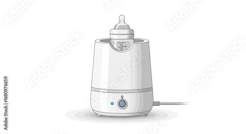 Illustration of a sleek white electric bottle warmer with baby bottle