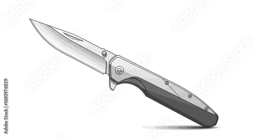 Illustration showcasing a sleek folding knife with a metallic finish, isolated