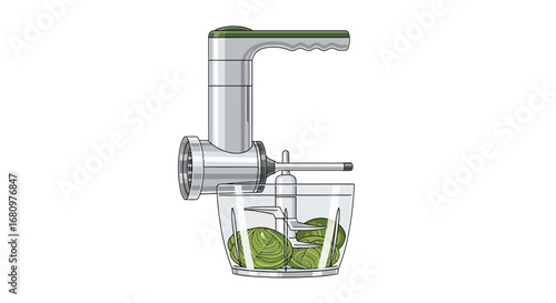 Illustration of vegetable chopper appliance slicing green cabbage wedges