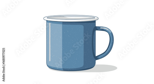 Isolated illustration of a blue enamel mug with white rim, a cozy moment