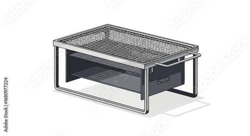Isometric charcoal grill illustration with grid texture and shadow effect