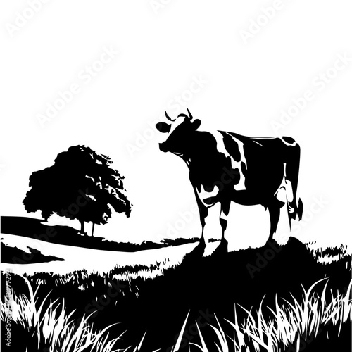Black and white illustration of a cow standing in a field near a tree on a sunny day landscape scene
