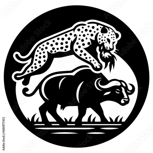 Leopard leaping over a buffalo in a black and white circular design with grass at the bottom edge
