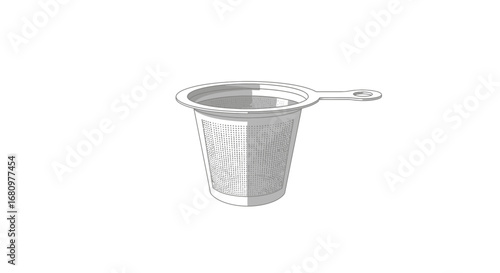 Minimalist depiction of a metal tea infuser against a white backdrop