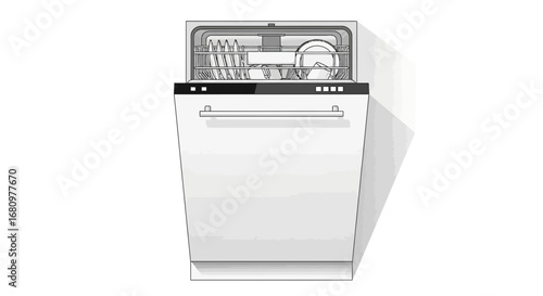 Modern Dishwasher Illustration with Clean Dishes and Utensils Inside