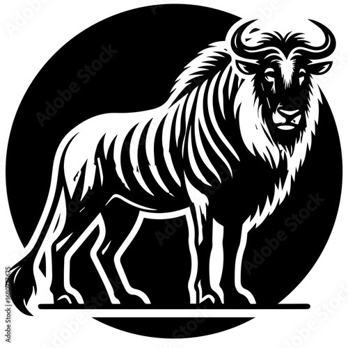 Illustration of a wildebeest standing in profile with a black circle in the background design element