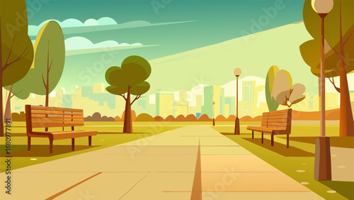 a serene park pathway lined with benches trees and city skyline