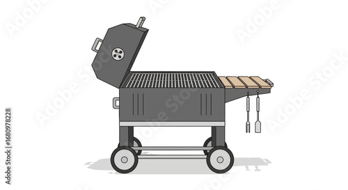 Outdoor charcoal barbecue grill with lid open for cooking backyard party