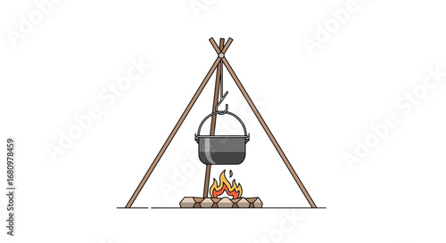 Simple Illustration of a Campfire with Pot Hanging Over It and Wooden Support