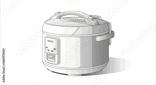 Simplified monochrome illustration featuring a stylized rice cooker design