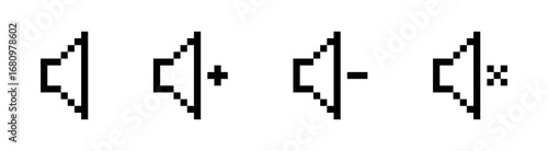 Speaker volume icons in minimal dot style showing sound control mute volume up and volume down symbols, Audio Icon, Mute Button, Sound Sign, Speaker Symbol, Pixel art.