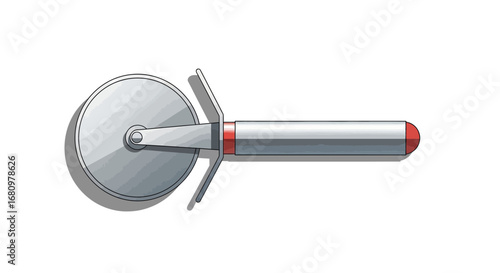 Sleek pizza cutter illustration with metallic finish on a white background