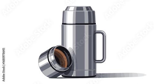 Sleek Stainless Steel Thermos with Detached Cap on Plain Backdrop