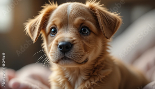Close Up Portrait of a Cute Brown Puppy Looking Directly Forward