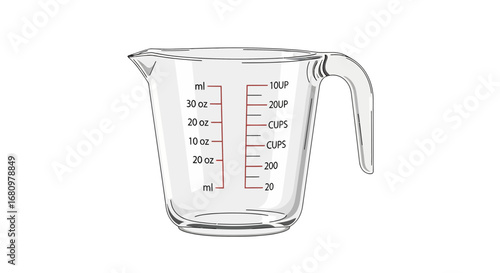 Stylized illustration of a clear measuring cup for culinary purposes