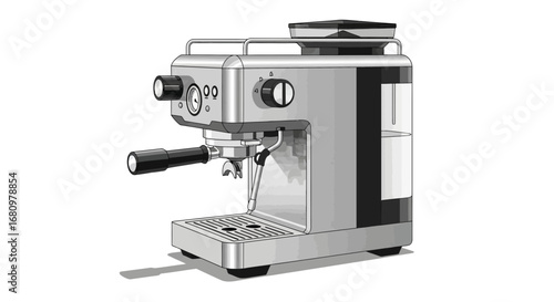 Stylized illustration featuring a modern espresso machine on a pristine background